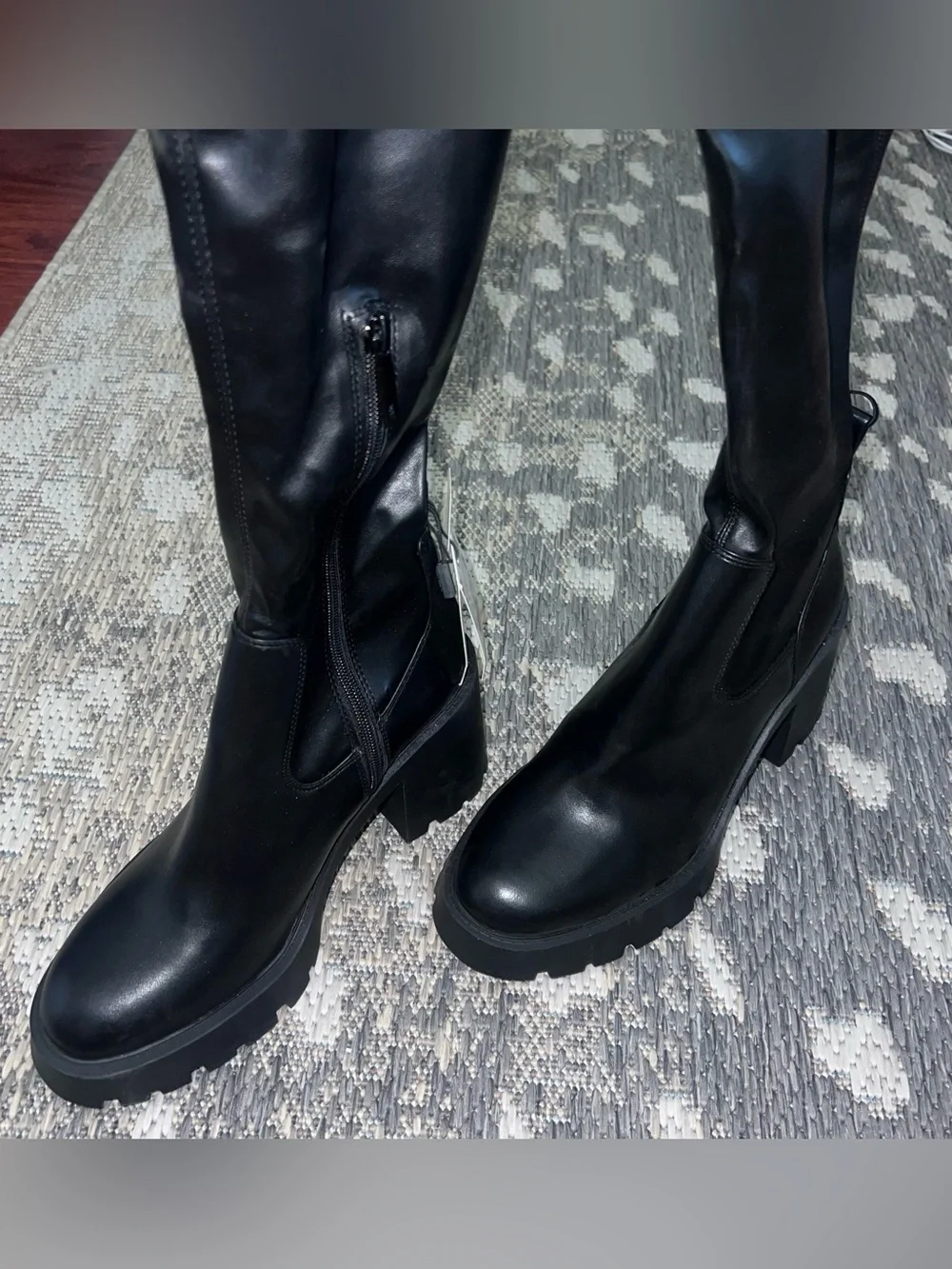 Zara Black Faux-Leather Over-The-Knee Chunky Heel Boots